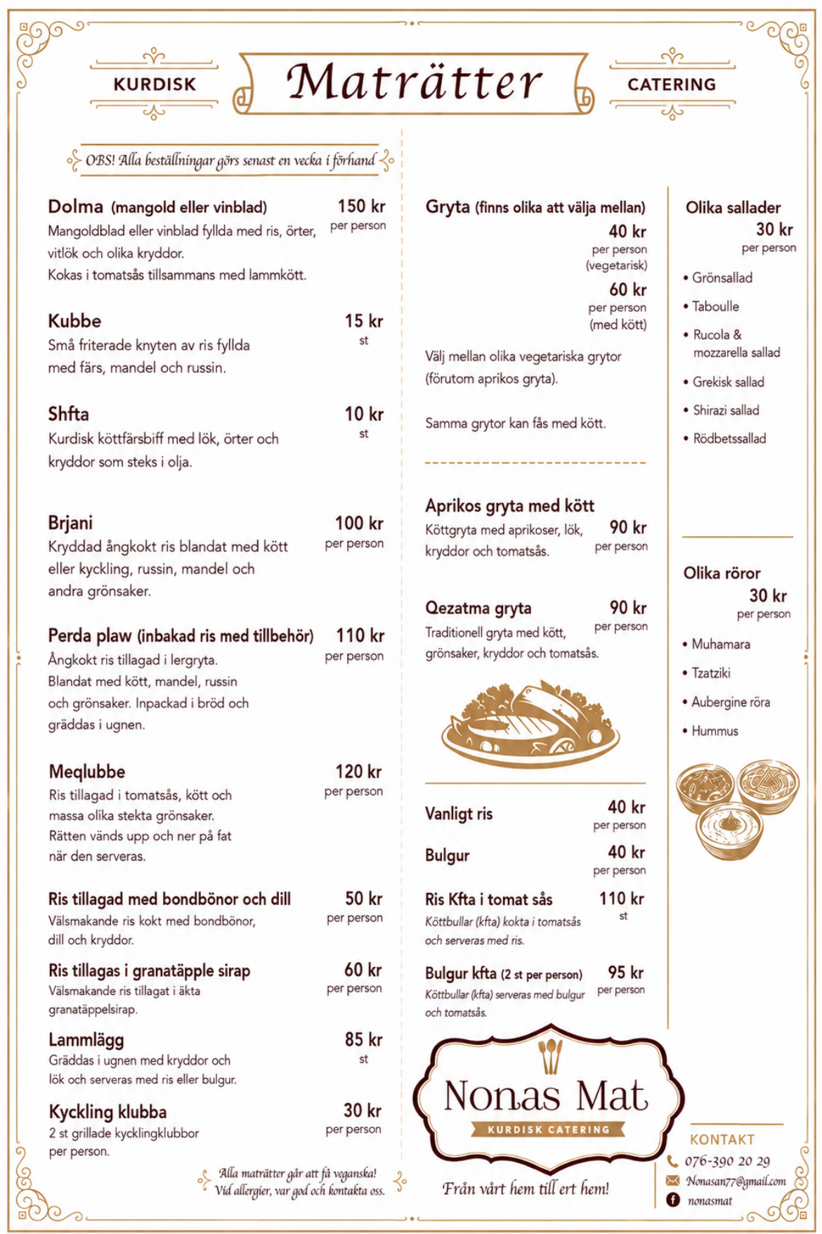 Nonas Mat meny med maträtter och priser